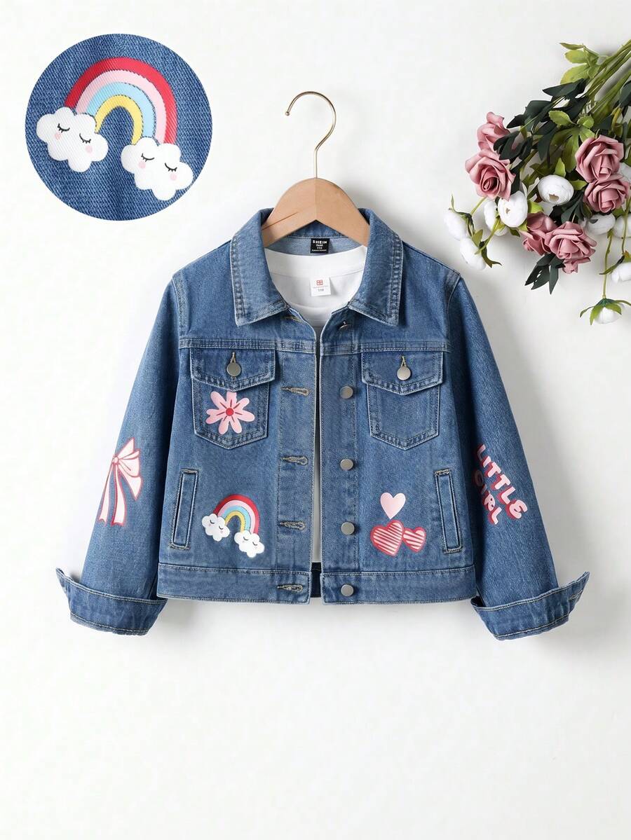 SHEIN Denimly 女童户外休闲牛仔外套，可爱花卉、彩虹、蝴蝶结、字母、爱心印花，翻领，长袖水洗牛仔大衣