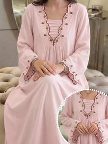 Al Najma Đầm tay xòe thêu tinh tế, thời trang cho mùa xuân/hè. - Hồng - Xem 1