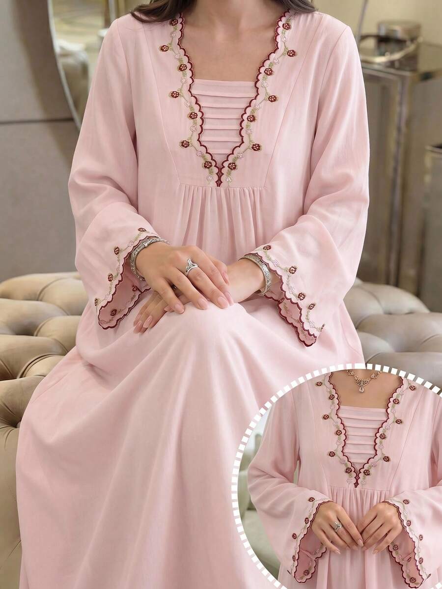 Al Najma Đầm tay xòe thêu tinh tế, thời trang cho mùa xuân/hè. - Hồng - Xem 1
