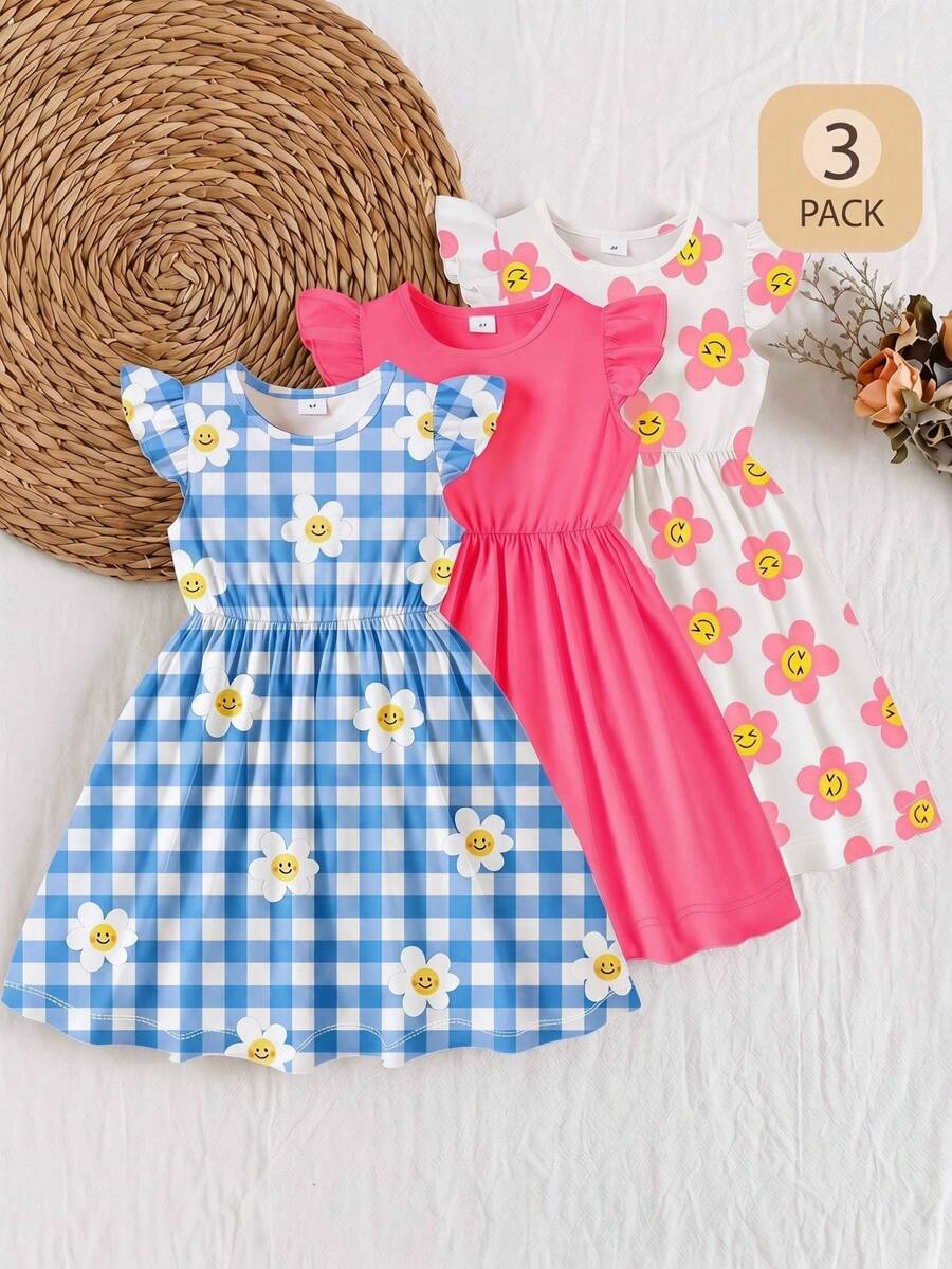 SHEIN Elladie kids 3件組少女花卉與格紋印花荷葉袖A字洋裝,甜美可愛,適合夏季戶外穿著 - 彩色 - 查看 1