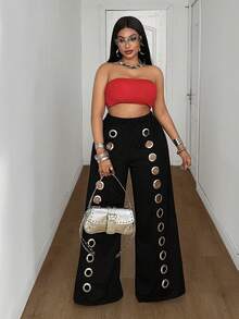 Maweii Plus Size Women's Black Cool Casual Punk Style Iron Ring Hollow Out Loose Wide Leg Pants Fall - Black - View 6