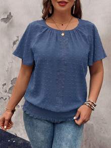 EMERY ROSE Ruffled Hem Elastic Waist Short Sleeve Round Neck Pullover Top, Plus Size Blouse - Dusty Blue - View 6