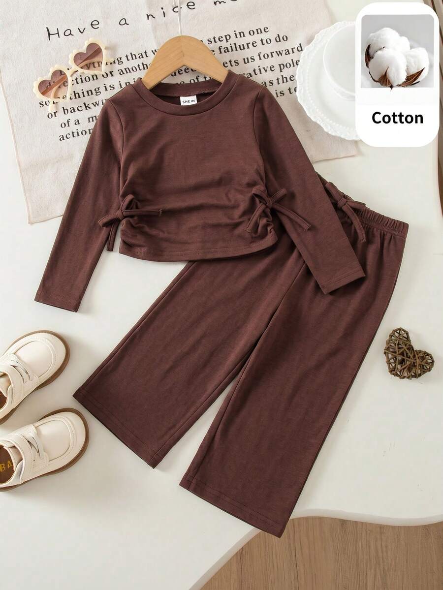 SHEIN 2件套女婴纯色圆领褶皱针织上衣和打底裤套装 - 咖啡棕 - 查看 1