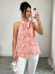 SHEIN Elenzya 女士粉色网纱刺绣法式拼接3D立体花卉无袖吊带蝴蝶结A字衬衫，优雅高端精致小众夏季上衣 - 粉色 - 查看 7