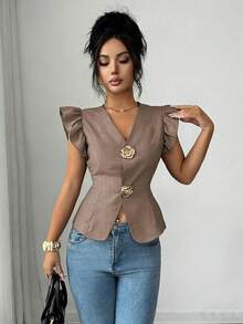 SHEIN Elenzya 女款優雅素色金屬扣飾V領荷葉袖精緻襯衫 - 棕色 - 查看 5