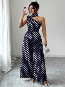 GlowEve CURVE Plus Size Women's Elegant Black & White Polka Dot Asymmetrical Shoulder Jumpsuit, Suitable For Commuting, Spring/Summer - Blue - View 8