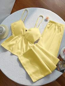 xheSweetra Conjunto de pantalones palazzo casuales con parches de tela texturizada, encaje floral y estilo Y2Kxhe - Amarillo - Ver 4