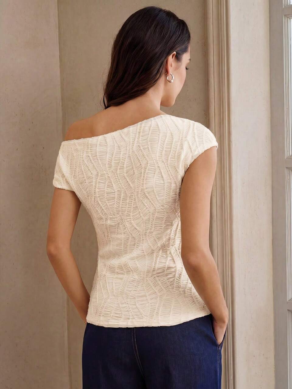 Anewsta Women's Solid Color Fitted Elegant Asymmetrical Shoulder Short Sleeve T-Shirt, Spring/Summer