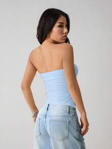 SHEIN PETITE Women's Solid Color Minimalist Casual Tube Top,Summer Top - Blue - View 2
