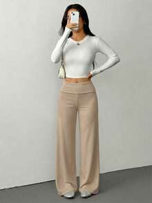 SHEIN PETITE Quần thể thao nữ màu trơn, ống rộng, cạp gập, dáng suông, thích hợp mặc ở nhà vào mùa thu và mùa đông. - Màu Khaki - Xem 4