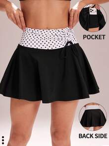 WanderVale Women's Summer Polka Dot Print Drawstring Pleated Twist Casual Sports Yoga Pants Skirt - Black - View 9
