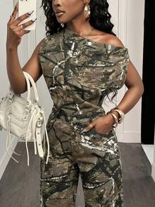 Slaydiva Bộ jumpsuit denim nữ kiểu dáng thường ngày với thiết kế vai bất đối xứng, thích hợp mặc hàng ngày. - xanh quân đội - Xem 8