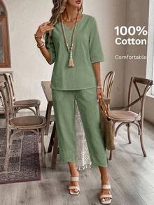 EMERY ROSE Bộ áo sơ mi và quần lửng in họa tiết hoa dành cho nữ - Màu xanh Ô liu - Xem 7