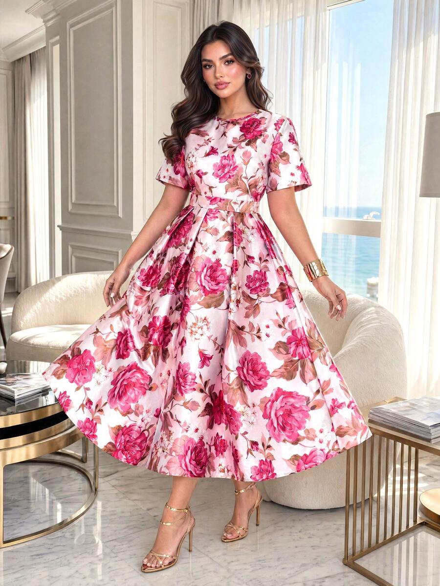 SHEIN Lady CURVE Đầm nữ cỡ lớn in hoa, cổ tròn, tay ngắn, thiết kế xếp ly, thanh lịch. - Hồng - Xem 1
