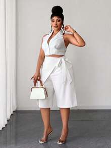 Maweii Pantalones cortos con cordón de unicolor para mujer de talla grande - Blanco - Ver 5
