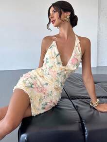 Firerie Women's Elegant Sexy Delicate Romantic Vacation Party Music Festival Date Green Backless Floral Print Bodycon Mini Dress With Metal Decor,Dresses For Women Summer - Apricot - View 8