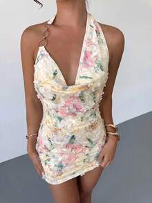 Firerie Women's Elegant Sexy Delicate Romantic Vacation Party Music Festival Date Green Backless Floral Print Bodycon Mini Dress With Metal Decor,Dresses For Women Summer - Apricot - View 15