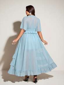 Viva Relle Spring, Summer, Fall New Vacation Elegant Chiffon Design V-Neck Ruffle Sleeve Irregular Hem Dress, Waist Cinched Flared Skirt Princess Sundress - Blue - View 2