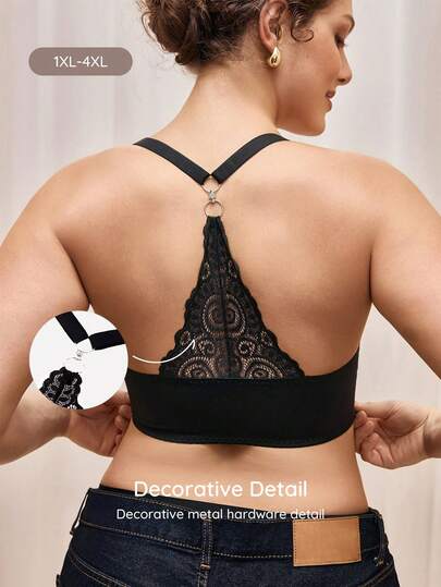 Bralution 1pc Plus Size Lace Patchwork Wireless Bra