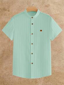 HIMLAND Light Blue Short Sleeve Shirt - Textured Weave, Button Front, Chest Pocket. Men's Casual Summer Vacation Style. Relaxed Fit, Beach Resort Essentia - Mint Green - View 2