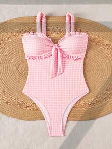 Swim Mod 女士新款夏季沙滩度假可爱纹理格子面料花卉荷叶边连体泳衣，性感露背挂脖连体泳装，适合春夏沙滩和游泳 - 粉色 - 查看 4