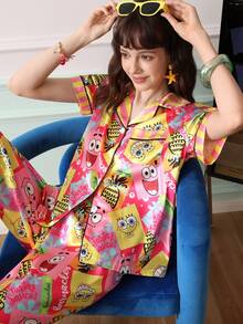 Chillnights SpongeBob SquarePants | SHEIN Conjunto de pijama con top de satén de manga corta con estampado lindo y pantalones largos para mujeres y jóvenes - Multicolor - Ver 4