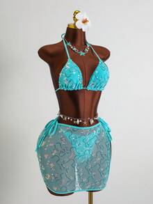 Costavie Bộ 3 món, áo ngực tam giác bằng vải đính sequin nhiều màu sắc, quần bơi buộc dây bên hông và váy ngắn vuông đính sequin, bộ bikini gợi cảm dành cho nữ, mùa xuân/hè. - Màu xanh Bạc hà - Xem 11