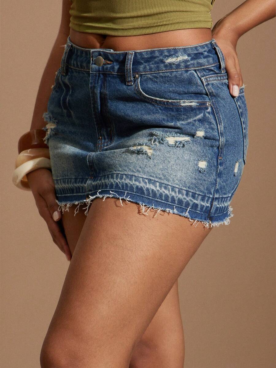 Denimoi Raw Hem Micro Mini Denim Skirt - Medium Wash - View 1