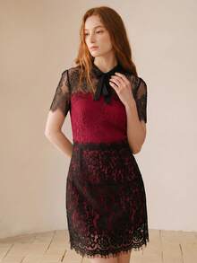 MOTF PREMIUM WOMEN'S BLACK & RED CONTRAST LACE WAIST CINCHED CROP SHORT SLEEVE MINI DRESS - Burgundy - View 4