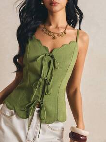 Poéselle Women's New Solid Color Front Tie-Up Shell Edge Design Pure Cotton Slub Woven Fashion Camisole - Green - View 5