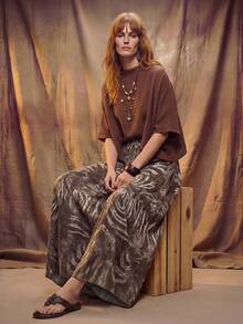 SHEIN Unity Women's Fashionable Bohemian Conservative Sexy Boho Print Tie-Up Skirt Pants Vacation Brown Checkered Autumn Beach - Multicolor - View 3