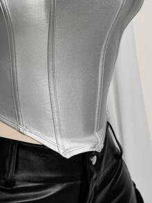 SHEIN ICON 女士加大码皮革撞色网眼黑色修身T恤，秋冬款 - 銀色 - 查看 9