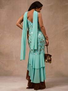 Opulessa Women's Floral Sequin Asymmetric Hem Elegant Slip Dress - Baby Blue - View 2