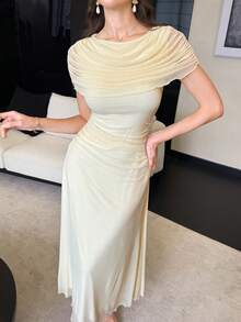 Modelyn Đầm maxi thanh lịch màu vàng nhạt bằng vải chiffon, kiểu Pháp, xếp ly phía sau, buộc dây, thích hợp cho đám cưới của phụ nữ. - Vàng nhạt - Xem 6