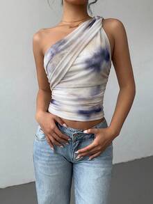 Aloruh Áo croptop nữ kiểu dáng thanh lịch, gợi cảm, in họa tiết tie-dye, chất liệu lưới, ôm sát, xếp ly, thắt nơ phía trước, phong cách Y2K. - Bụi tím - Xem 6