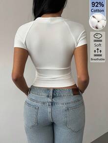 SHEIN BASICS Women's Simple Solid Color Square Neck Tight Fitting Short Sleeve Top Tops For Women White Tops - White - View 2