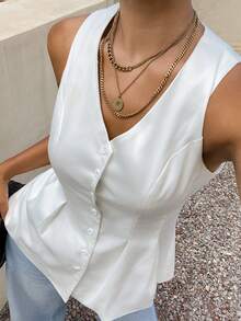DAZY Solid Color A-Line Skirt With Waist Cinching, Sleeveless Elegant Single-Breasted V-Neck Vest Top - White - View 5