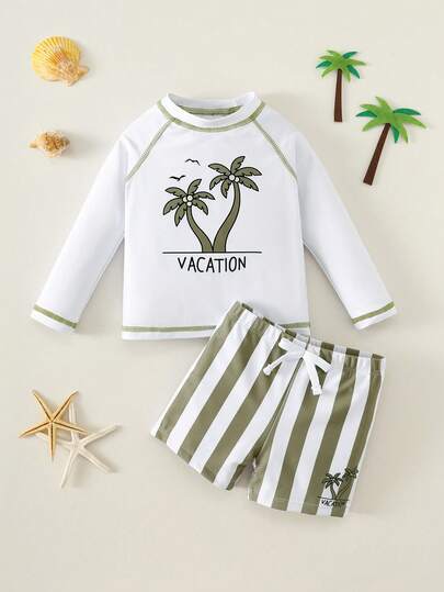 2pcs Baby Boy Summer Casual Vacation Swimwear Set, Includes Swimsuit Top And Striped Swim Trunks/Shorts, Suitable For Beach, Pool, Spa