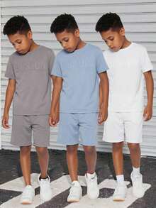 SHEIN 6pcs/Set Tween Boy Casual Embossed Pattern Round Neck T-Shirt & Shorts Set - Multicolor - View 3