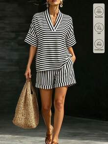 SHEIN Franclia Bộ 2 món áo và quần kẻ sọc nữ, thích hợp cho mùa hè, thu và đông. - Đen và trắng - Xem 3