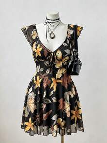 Sunspun Plaid Print Cap Sleeve Square Neck Dress, Summer - Multicolor - View 3