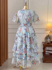 Auvina Nuevo vestido corto de manga corta con tul y estampado floral, adecuado para fiesta de cumpleaños, té de la tarde, cita de San Valentín, boda, fiesta de noche - Celeste - Ver 2