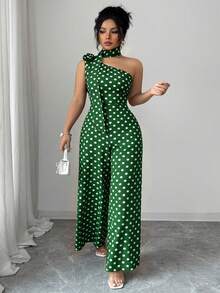 GlowEve CURVE Plus Size Women's Elegant Black & White Polka Dot Asymmetrical Shoulder Jumpsuit, Suitable For Commuting, Spring/Summer - Green - View 7