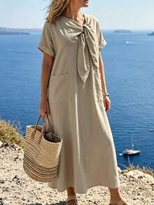 Lacomfia Plus Size Women's Vacation Dress, Loose Fit, Comfortable Short Sleeve, Front Pockets, Flared Hem Vacation Khaki Summer Elegant - Khaki - View 5