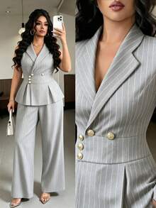 Elenzga Plus Size Women Commuting Minimalist Striped Vest And Pants 2 Pieces Set - Light Grey - View 3