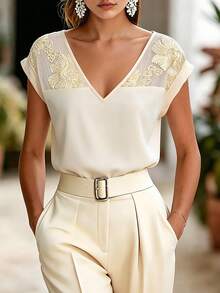 SHEIN LUNE Elegant V-Neck Contrast Lace Mesh Loose Slimming Short Sleeve Blouse For Women Teachers' Day Office Garden Party Brunch White Floral Summer Wedding - Apricot - View 3