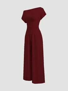 Sweetra Setelan 2 Potong Wanita Modis Terbaru: Atasan dan Celana Panjang dengan Bahu Asimetris, Warna Polos, dan Desain Pas Badan - Burgundy - View 3