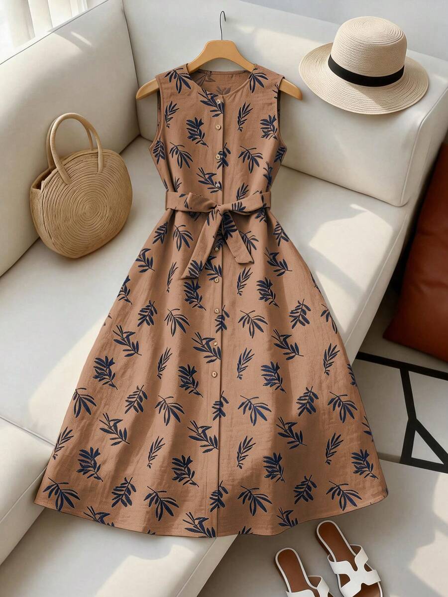 SHEIN Franclia 女士休闲无袖印花系腰连衣裙，夏季
