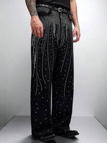 Zorclune Fashionable Rhinestone Embellished Denim Wide Leg Pants, Unisex Streetwear Baggy Rhinestone Black Vacation Party Diamond Starlight Denim For Y2K - Black - View 3