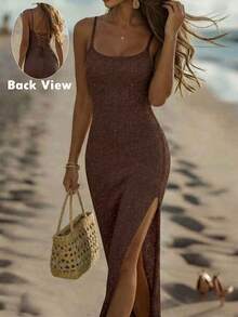 SHEIN Holidaya Nuevos vestidos elegantes de verano de punto con tirantes finos para mujeres, vestidos midi ajustados con brisa suave, vestido largo ajustado para fiesta, atuendo de playa - Café integral - Ver 1